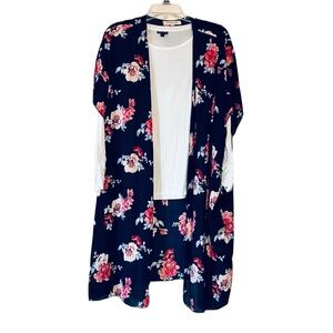 Living Doll Los Angeles Floral Print Kimono, Sz.S, 100% Polyester, Navy/Pink